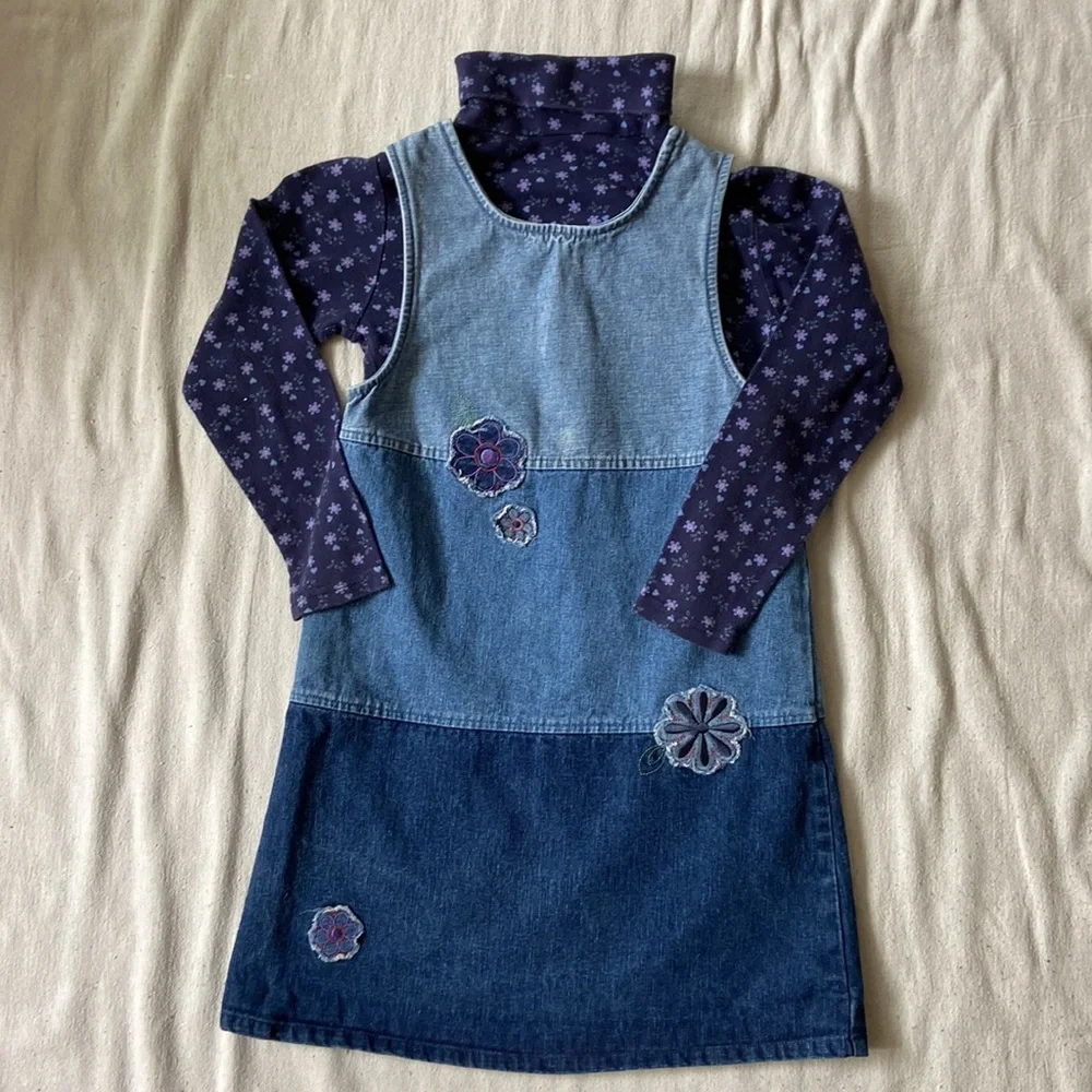 VINTAGE Y2K Dress Jumper Outfit Skirt Shirt Floral Denim Patchwork Appliqué